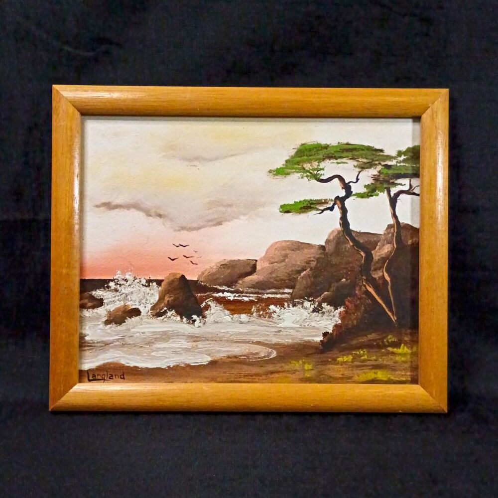 Langland Framed Signed Realism Seascape Landscape Painting Canvas Board, 11x9